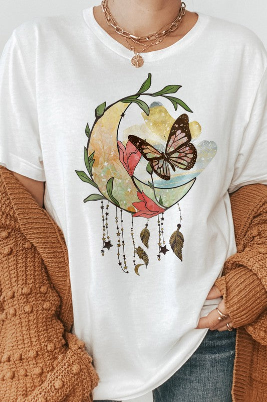 Boho Moon Flowers and Butterfly Graphic Tee - MeraKy Vibes