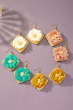 Straw Square Hoop Flower Earrings