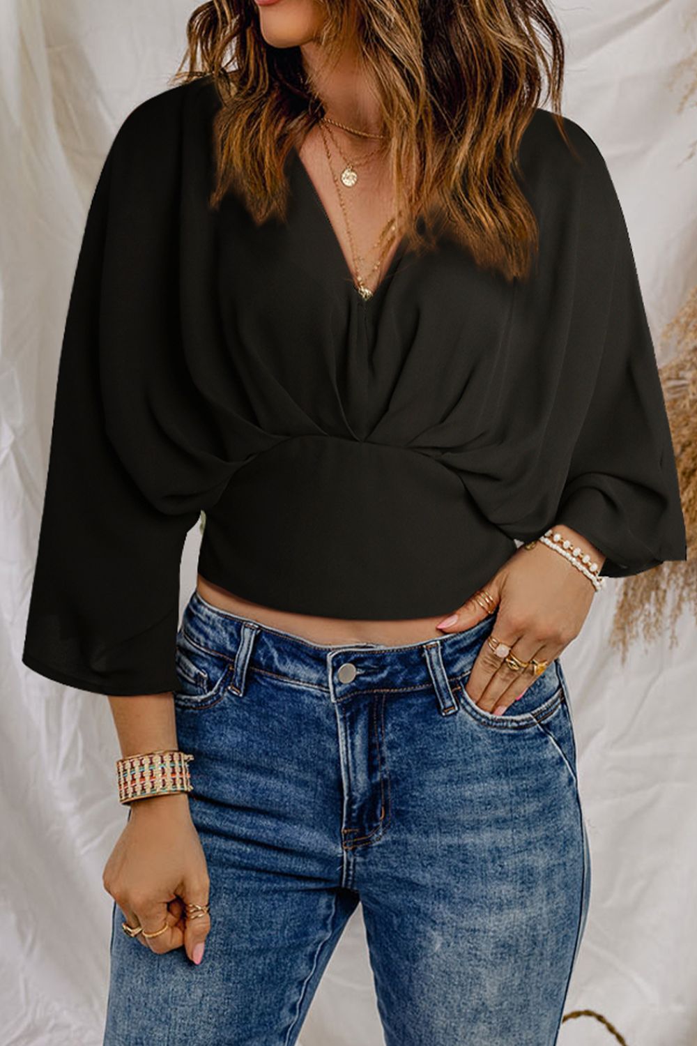 V-Neck Ruched Three-Quarter Sleeve Blouse - MeraKy Vibes