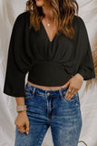V-Neck Ruched Three-Quarter Sleeve Blouse - MeraKy Vibes