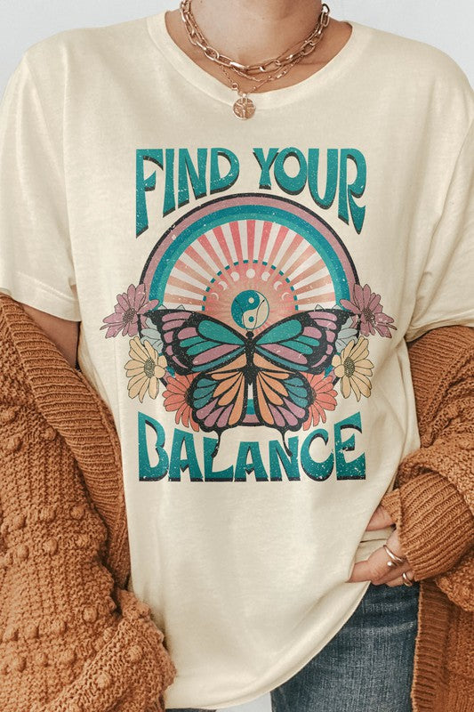 Find Your Balance Boho Vintage Graphic Tee - MeraKy Vibes
