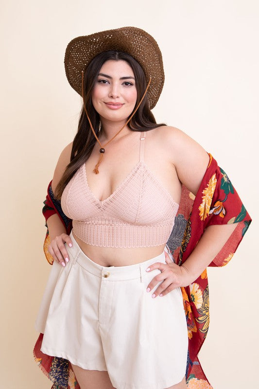 Plus Size Ribbed Lace Boho Racerback Bralette - MeraKy Vibes