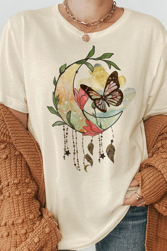 Boho Moon Flowers and Butterfly Graphic Tee - MeraKy Vibes