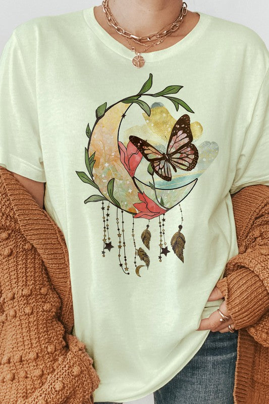 Boho Moon Flowers and Butterfly Graphic Tee - MeraKy Vibes