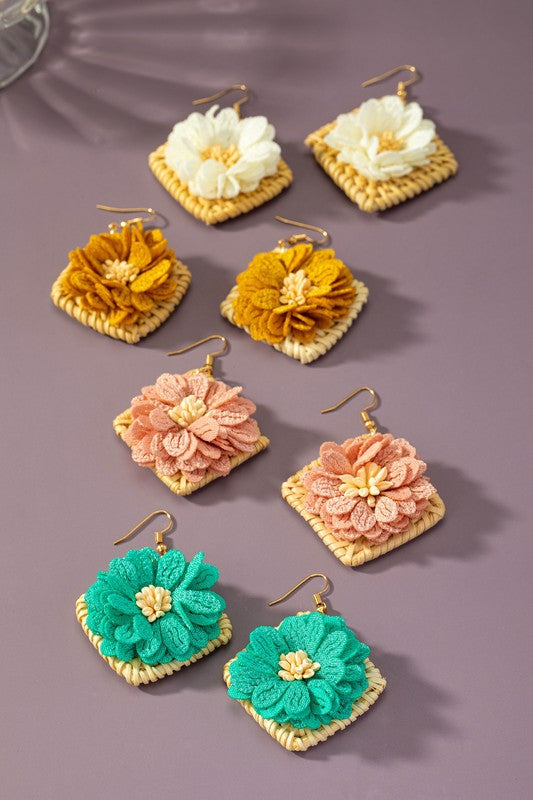 Straw Square Hoop Flower Earrings