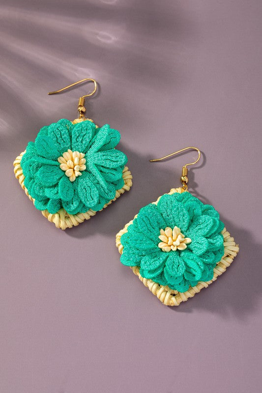 Straw Square Hoop Flower Earrings
