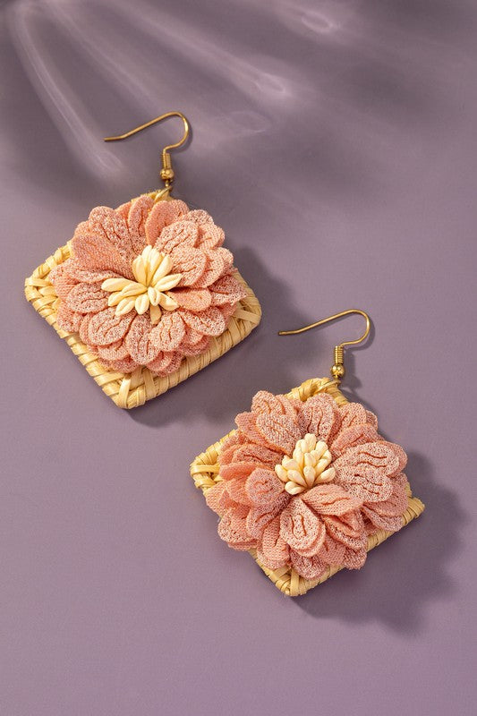 Straw Square Hoop Flower Earrings