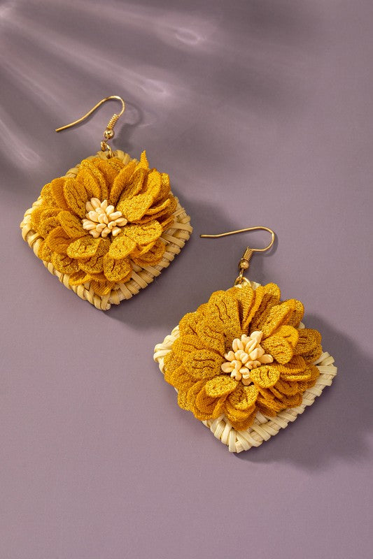 Straw Square Hoop Flower Earrings