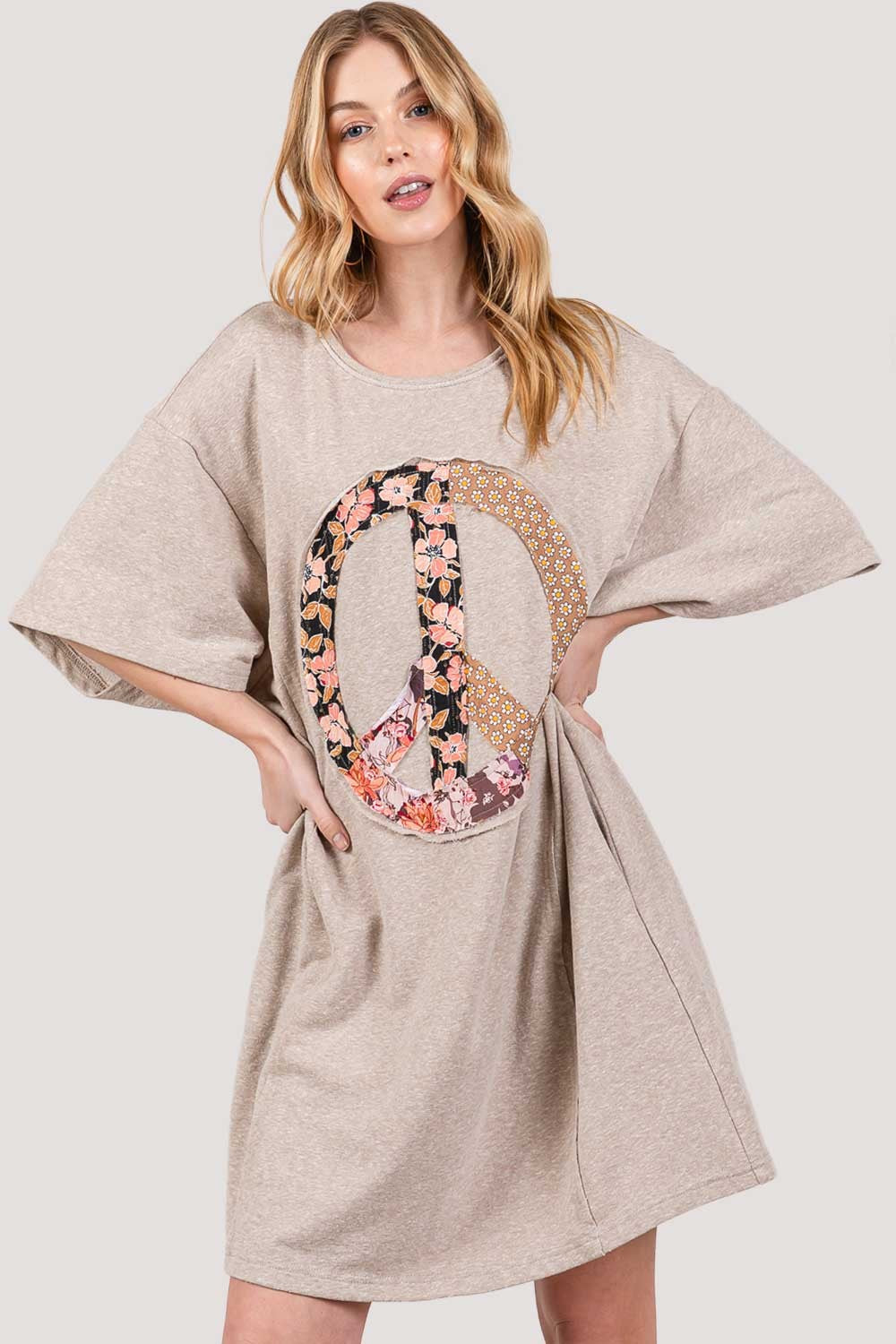 SAGE + FIG Peace Sign Applique Short Sleeve Tee Dress