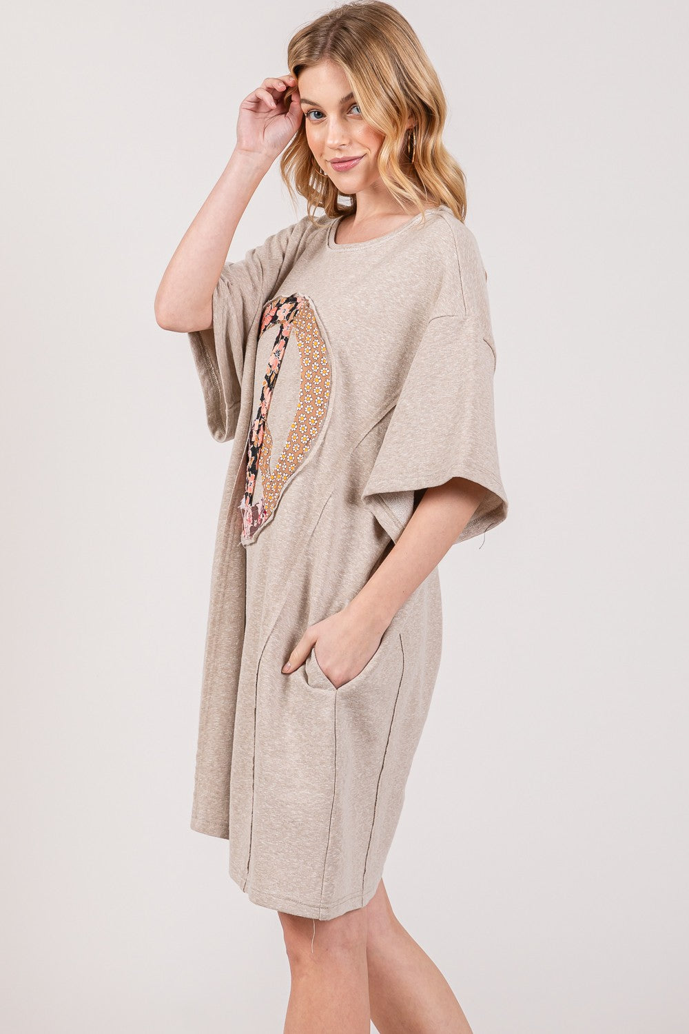SAGE + FIG Peace Sign Applique Short Sleeve Tee Dress
