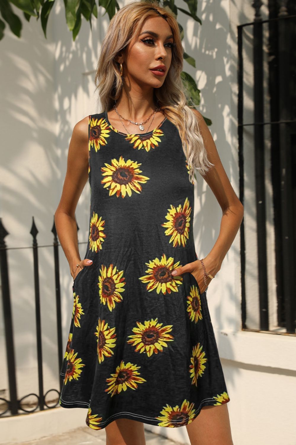 Printed Round Neck Sleeveless Dress with Pockets - MeraKy Vibes