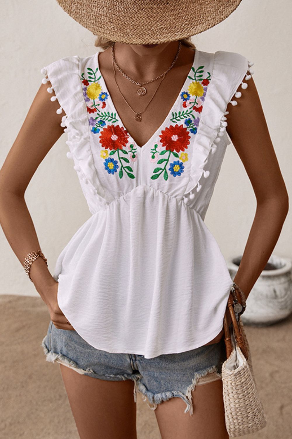 Embroidered Pom-Pom Trim Cap Sleeve Babydoll Top - MeraKy Vibes