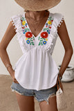 Embroidered Pom-Pom Trim Cap Sleeve Babydoll Top - MeraKy Vibes