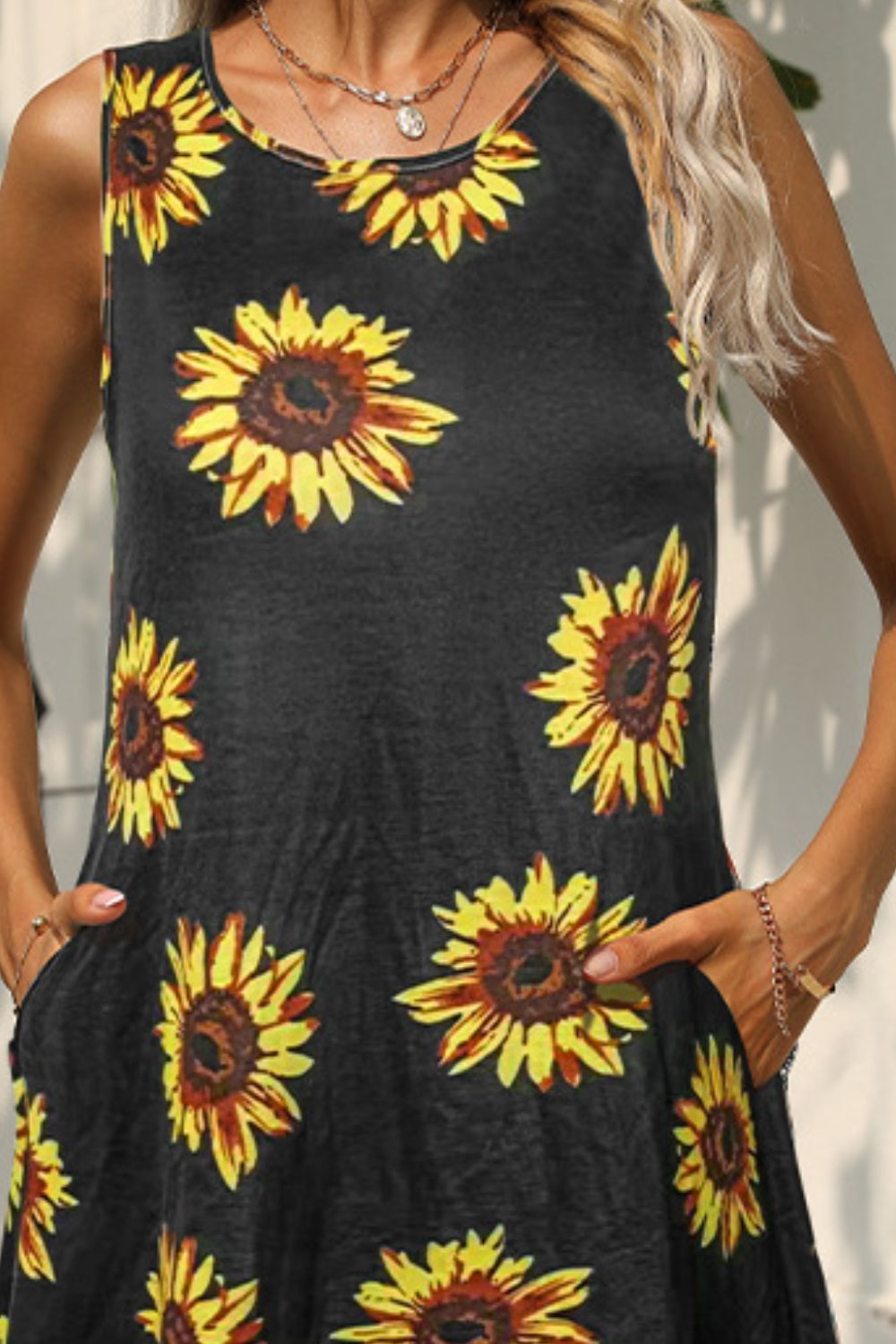 Printed Round Neck Sleeveless Dress with Pockets - MeraKy Vibes