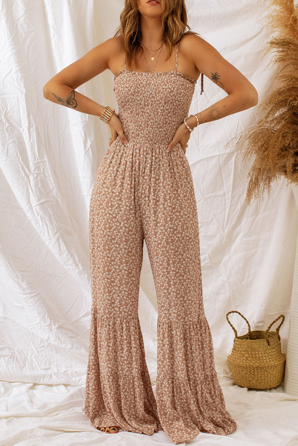 Floral Spaghetti Strap Smocked Wide Leg Jumpsuit - MeraKy Vibes