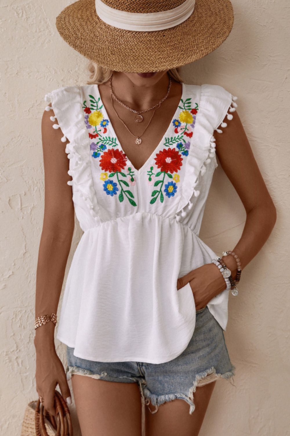 Embroidered Pom-Pom Trim Cap Sleeve Babydoll Top - MeraKy Vibes