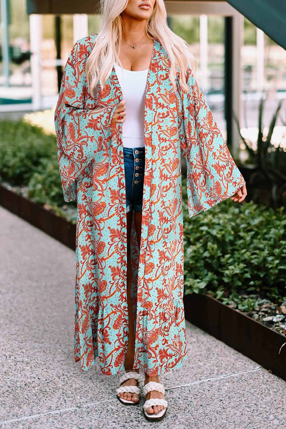 Printed Open Front Duster Cardigan - MeraKy Vibes