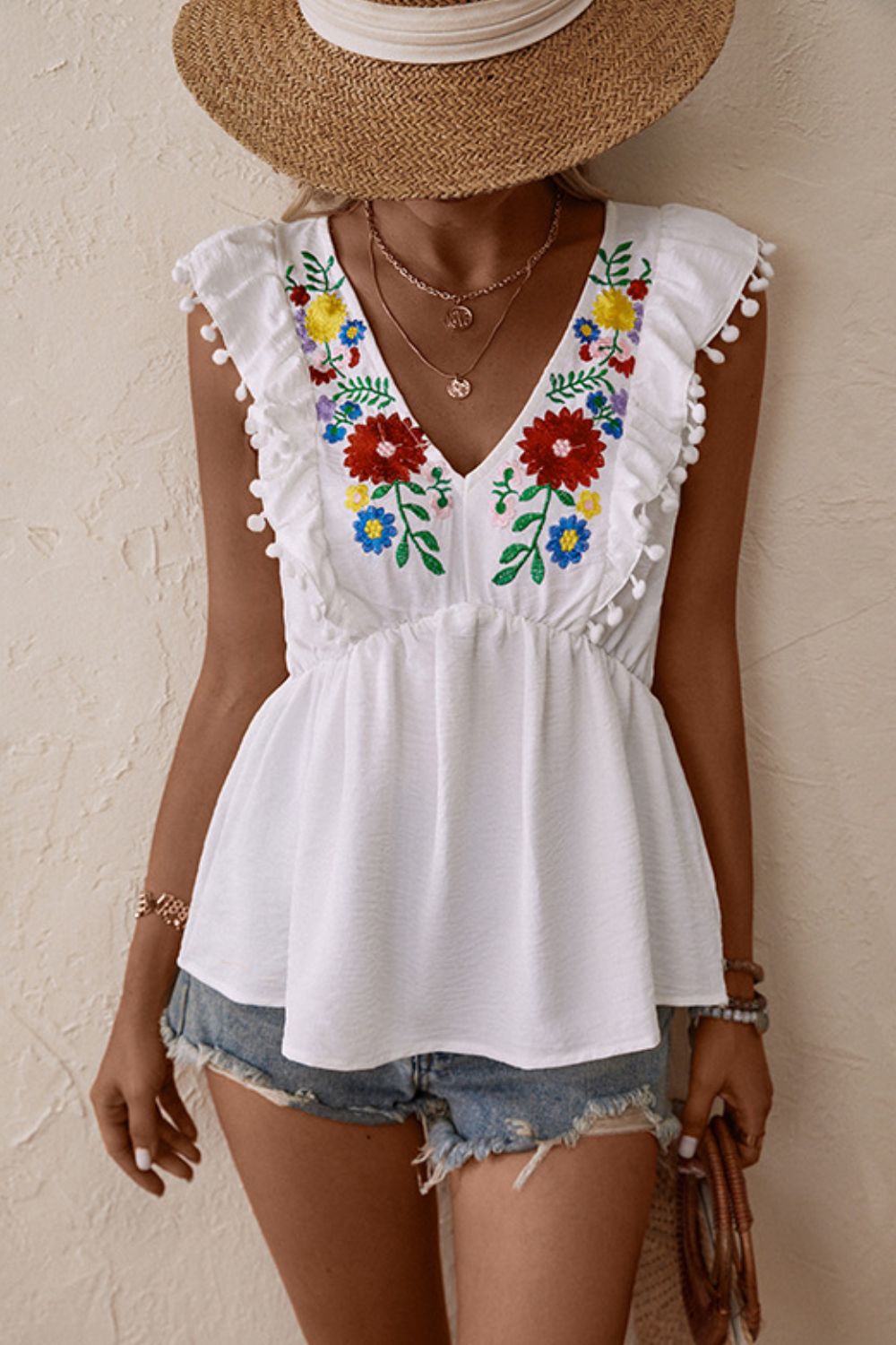 Embroidered Pom-Pom Trim Cap Sleeve Babydoll Top - MeraKy Vibes
