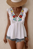 Embroidered Pom-Pom Trim Cap Sleeve Babydoll Top - MeraKy Vibes