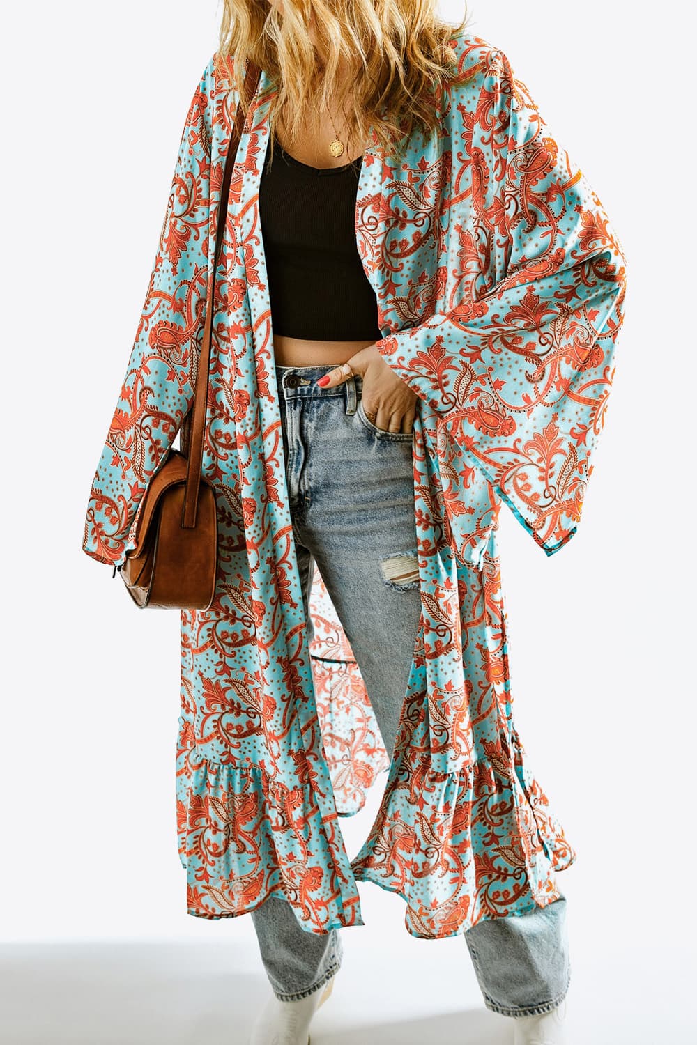 Printed Open Front Duster Cardigan - MeraKy Vibes