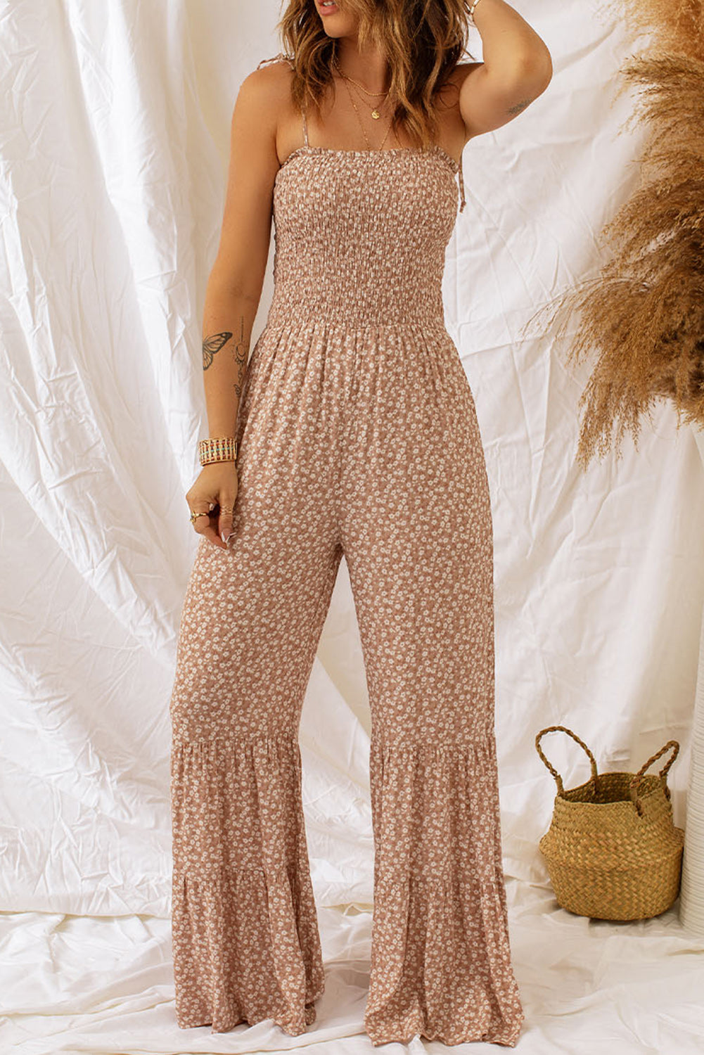 Floral Spaghetti Strap Smocked Wide Leg Jumpsuit - MeraKy Vibes