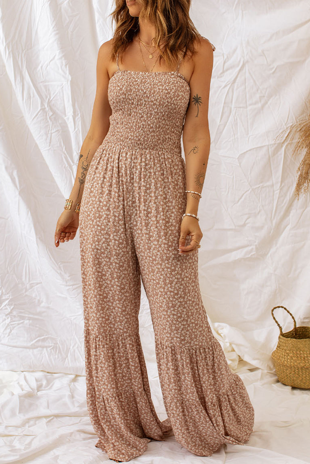 Floral Spaghetti Strap Smocked Wide Leg Jumpsuit - MeraKy Vibes