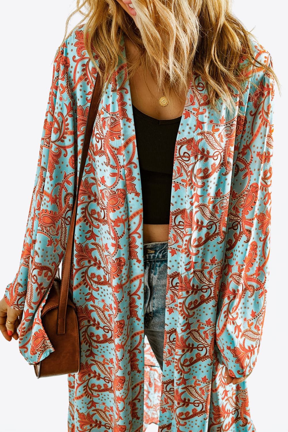 Printed Open Front Duster Cardigan - MeraKy Vibes