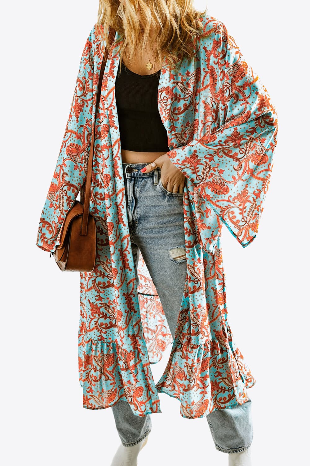 Printed Open Front Duster Cardigan - MeraKy Vibes