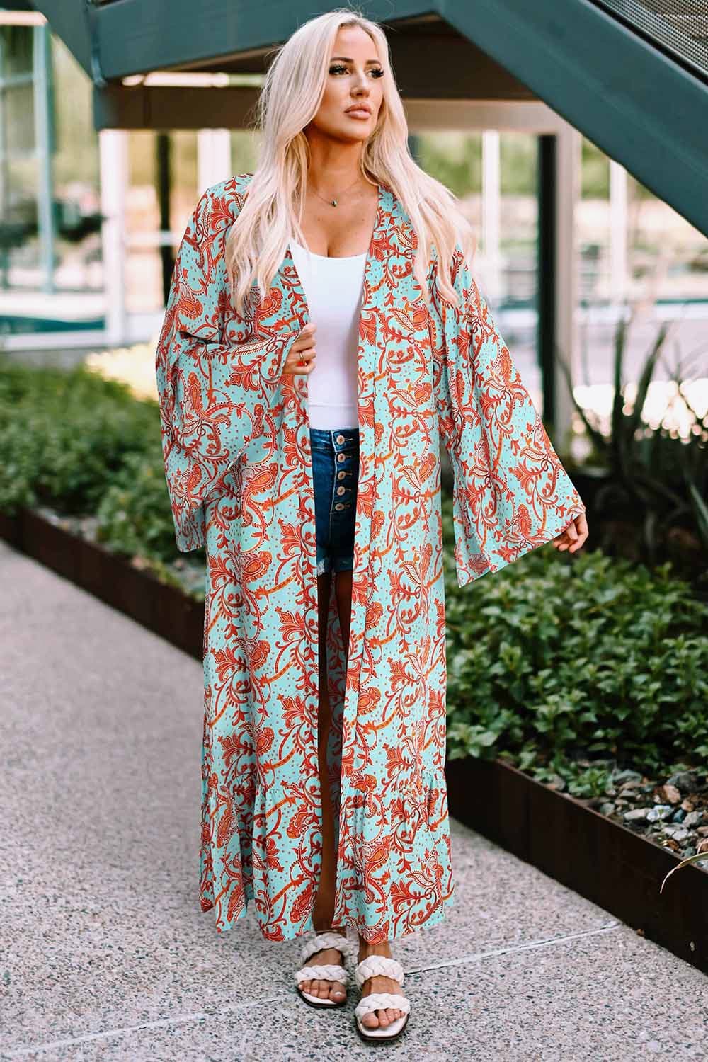 Printed Open Front Duster Cardigan - MeraKy Vibes