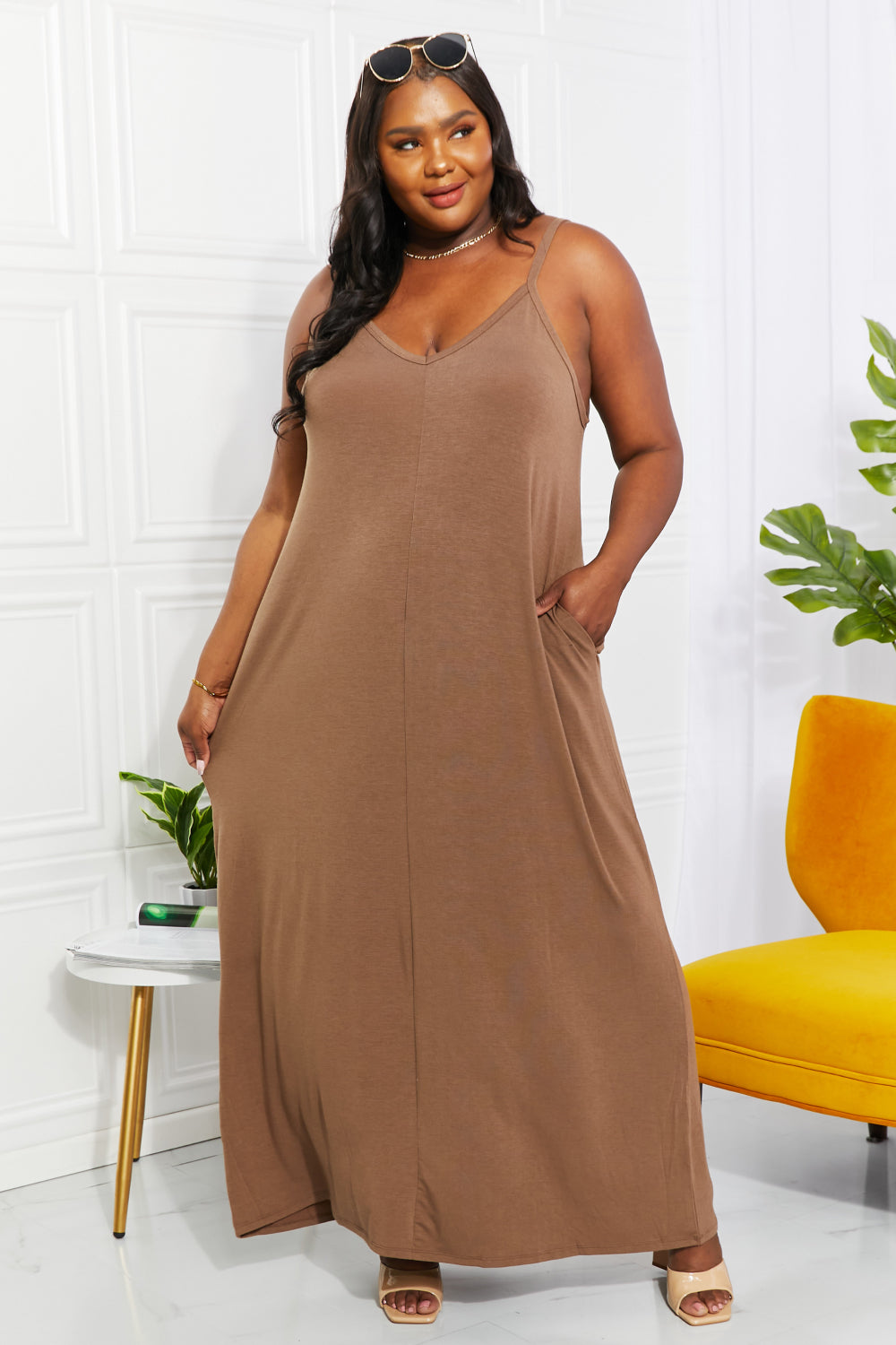 Zenana Full Size Beach Vibes Cami Maxi Dress in Mocha - MeraKy Vibes